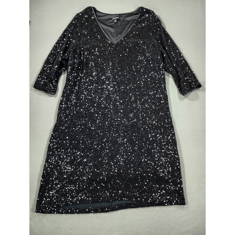 Torrid Black All Over Sequin Shift Dress 3/4 Sleeve Size 1 XL 14-16 V Neck Party